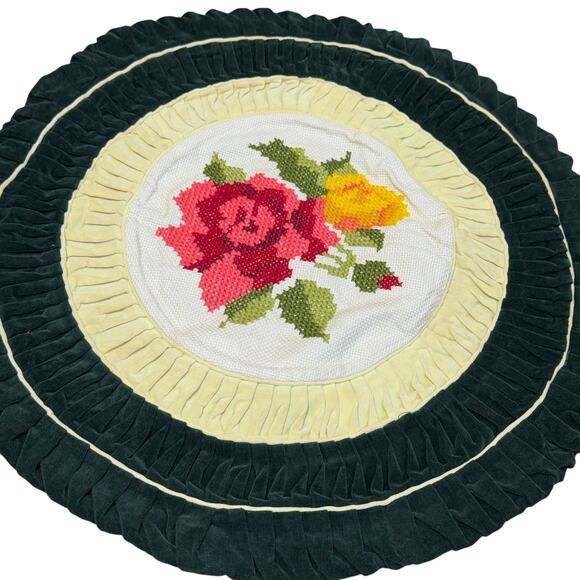 Floral Needlepoint Pillows 2 Round Ruffle Green Velvet Decorative MCM Granny 20" - Picture 5 of 12